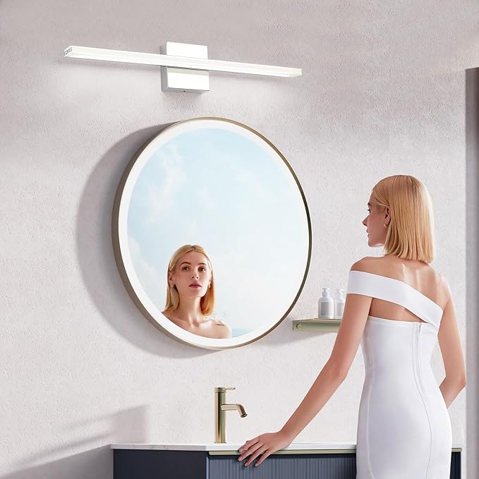 Chrome Bathroom Light Fixtures 24 Inch Bath Wall Lighting IP44 14W Vanity Lamp Bar Modern LED Lights for Vanity Rectangle Bathroom Lamps Over Mirror Acrylic Restroom Sink Light