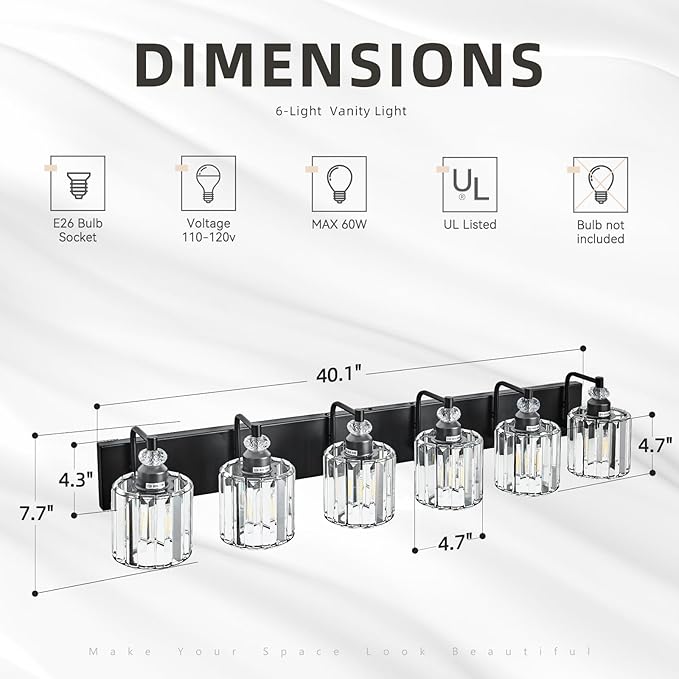 6-Light Black Bathroom Light Fixtures Over Mirror Modern Vanity Lights Crystal Wall Sconce Vintage Bathroom Lighting with Crystal Shade E26 Base for Bedroom, Living Room, Hallway