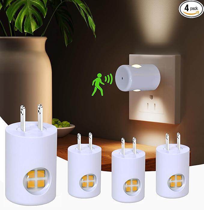 4-Pack Motion Sensor Night Light, Plug-in Wall LED Nightlight with Dusk to Dawn Sensor, Auto On/Off, 2700K Warm White 100 Lumens, Rotatable Plug-in Design for Hallway Staircase Bathroom Kitchen