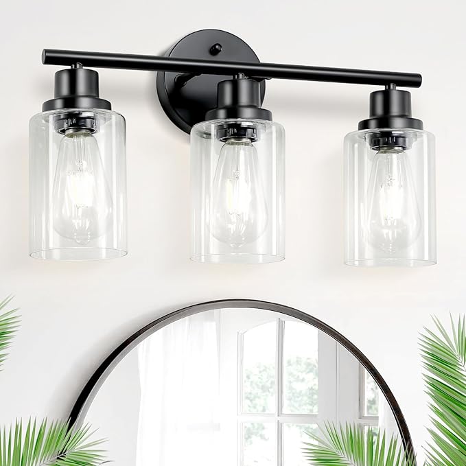 3-Light Black Vanity Lights, E26 Modern Bathroom Light Fixtures with Clear Glass Shade, Wall Lamps for Mirror Kitchen Hallway Cabinet Living Room Sconces Lights