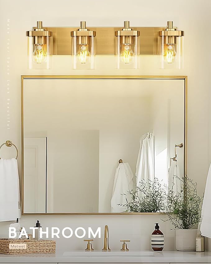 Bathroom Light Fixtures, 25" Brushed Gold Vanity Light, 4-Light Modern Wall Sconces with Square Clear Glass Shade, Vanity Lighting Fixtures Over Mirror, VL194-BG-4