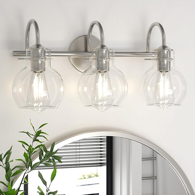 Bathroom Light Fixtures Brushed Nickel 3 Light Bathroom Lights Over Mirror with Clear Glass Shade Brushed Nickel Modern Wall Sconces Vanity Light for Bathroom UL Listed