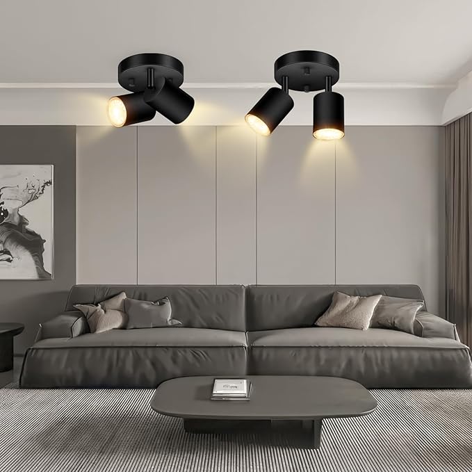 2 Light Track Lighting Fixtures Ceiling, Matte Black Round Directional Ceiling Spotlight, GU10 Flush Mount Track Fixture, Adjustable Modern LED Track Lights for Kitchen/Living Room, Bulb Not Included