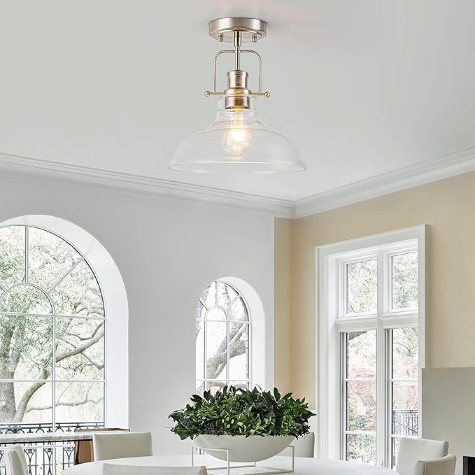 WILON Farmhouse Glass Semi Flush Mount Ceiling Light Fixture, Kitchen Lighting Fixtures Industrial Ceiling Lamp for Hallway Bedroom Kitchen Laundry Room (Brushed Nickel & Seeded, 1 Pack)
