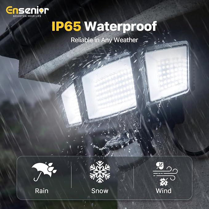 Ensenior Solar Security Lights, Wide Beam Flood Light 6500K Super Bright for Driveway Backyard Garden, Remote Control Motion Lights, Weather-Resistant Exterior Lighting, 1800LM Lumen, Black, 2-Pack
