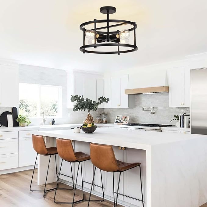 16'' Semi Flush Mount Ceiling Light 4-Light Industrial Light Fixtures Ceiling Mount Black Chandelier Light Fxiture for Kitchen Dining Room Entryway Bedroom Living Room