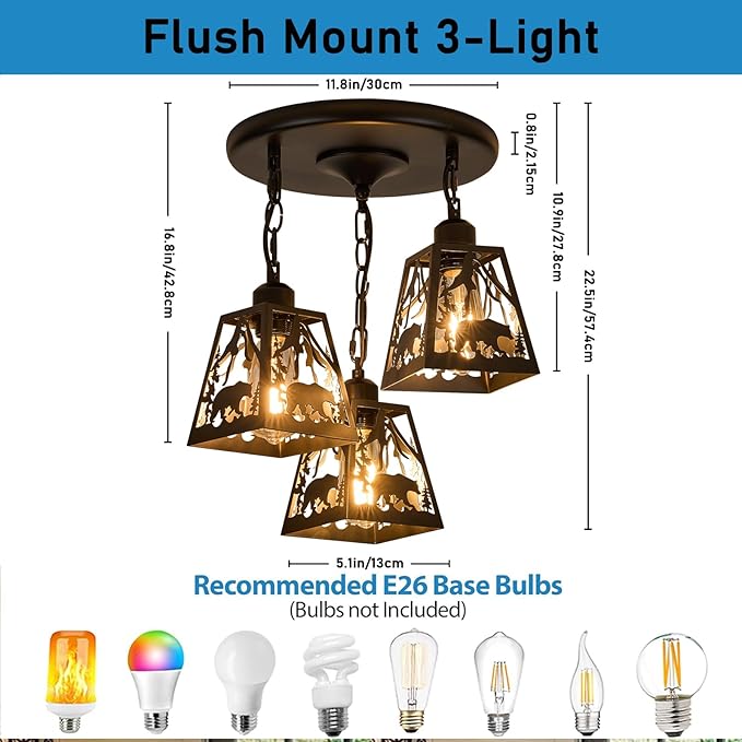 Farmhouse Rustic Ceiling Light Fixture,Black Metal Cage Pendant Lights Kitchen Island with Bear,Industrial Hanging Pendant Lighting for Dining Room Bedroom Entryway Hallway Foyer