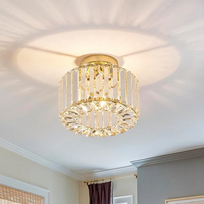 BUXVRCS Crystal Ceiling Light Fixture - Semi Flush Mount Ceiling Light Modern Chandelier Hallway Light Fixtures Ceiling Flush Mount Light Fixtures for Kitchen Bedroom Bathroom Entryway (Gold)