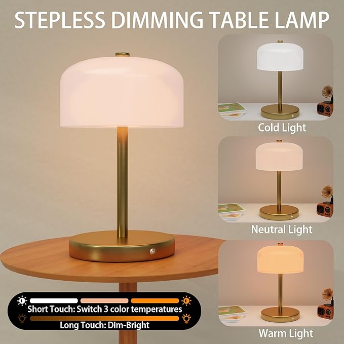 Small Portable Cordless Table Lamp, 3-Way Dimmable Touch Rechargeable Battery Powered Mushroom Lamp Bedroom Dining Table Living Room Shelf Decor,Gold