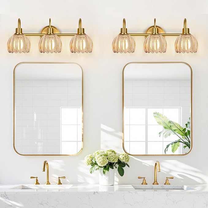 Bathroom Light Fixtures, 3-Light Brushed Gold Vanity Lights for Bathroom with Ribbed Amber Tulip Glass Shade, 20 in Bathroom Vanity Lights Over Mirror for Bedroom, Living Room, Hallway