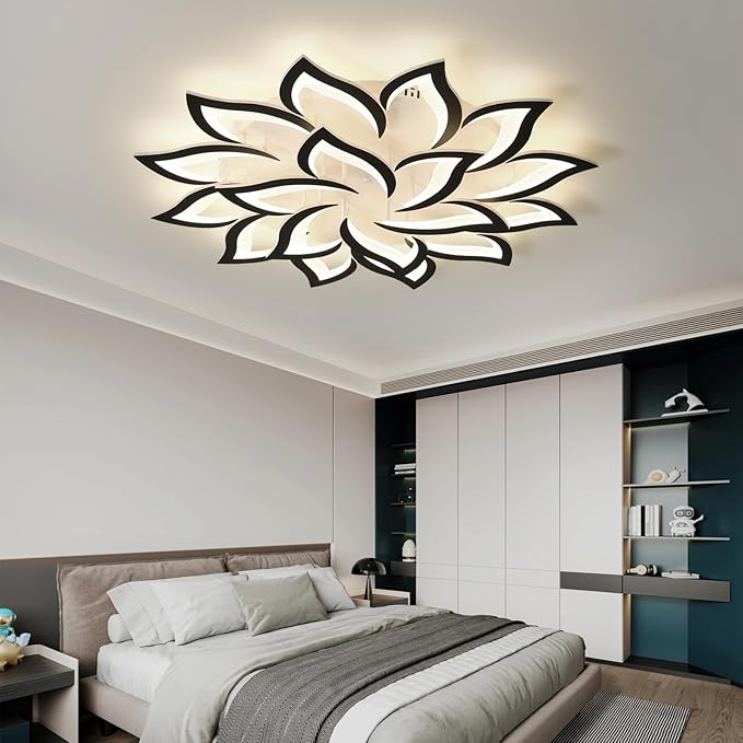 JAYMP 39.4" Flower Shaped Ceiling Light Dimmable Modern Ceiling Lamp Remote Control LED Lighting Fixture for Living Room Dining Room Farmhouse (Black/18 Petals)