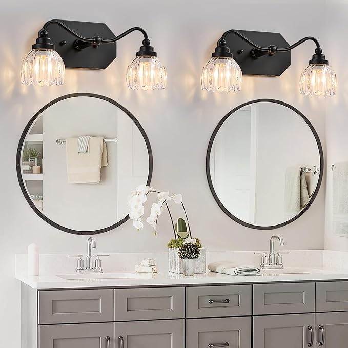 Vintage Bathroom Light Fixtures, 2 Light Bathroom Vanity Light, Black Matte Antique Brass Finish with Crystal Glass Shade, Mid Century Wall Sconces for Bedroom, Living Room, Hallway