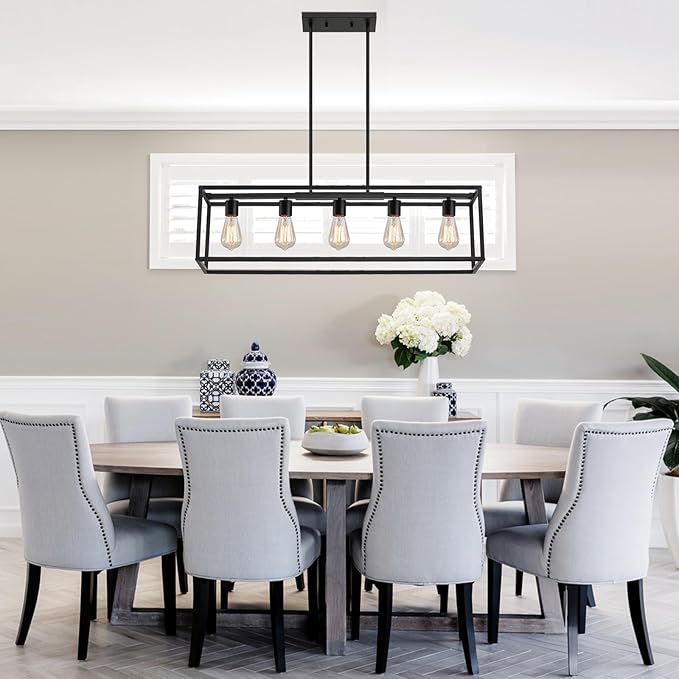 Yusist 5-Light Dining Room Light Fixture,Black Farmhouse Kitchen Island Lighting,Rustic Pendant Light Over Table with Adjustable Rods,Modern Linear Chandeliers for Dining Room Kitchen Island