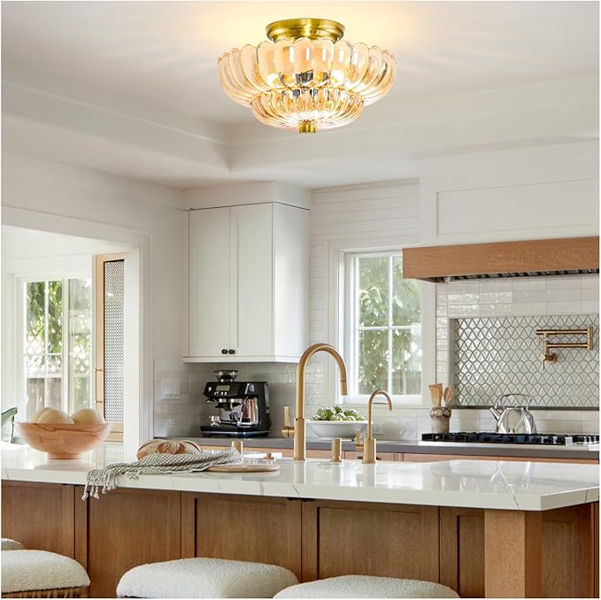 Semi Flush Mount Ceiling Light Fixture Vinatge Gold Ceiling Lights Mid Century Modern Glass Close to Ceiling Lighting Fixtures for Bedroom Hallway Foyer Bathroom Kitchen Laundry Room Nursery