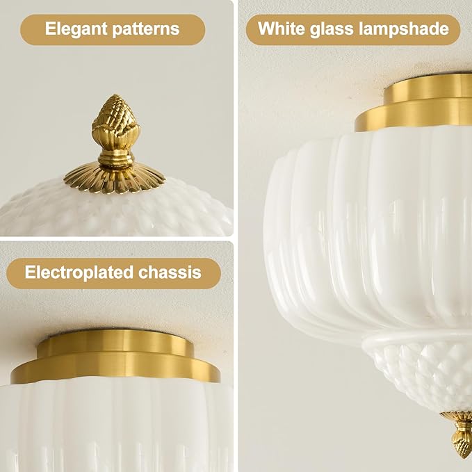 14 inch Vintage Semi Flush Mount Ceiling Light Gold Schoolhouse Ceiling Light Fixture Mid Century Milk Glass Ceiling Lamp for Kitchen Restaurant Bedroom and Hallway(White)