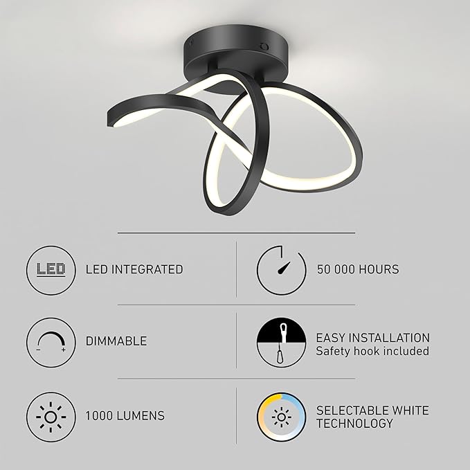 ARTIKA Loop 20W Integrated LED Flush Mount Ceiling Light, Black Modern Fixture for Kitchen, Bedroom, Bathroom, Hallway, 1200 Lumens, Adjustable 3000K-5000K