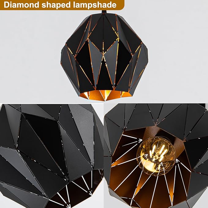 Industrial Pendant Lights Kitchen Island,Black Hanging Lighting Fixture with Metal Geometric Diamond Shade Vintage Ceiling Chandelier Pendant Lamp for Dining Living Room Bedroom 1 Light
