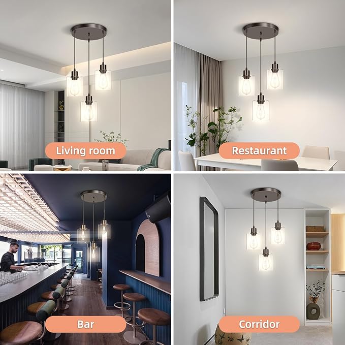 CANMEIJIA 3-Light Pendant Light Fixtures, Black Glass Pendant Lights for Kitchen Island, Industrial Hanging Lighting for Dining Room Bedroom, Modern Ceiling Lamp E26 Base, Bulbs Not Included