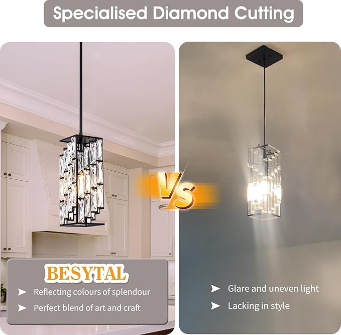 Crystal Pendant Lights Kitchen Island 2 Pack, Modern Black Chandelier Height Adjustable, Hanging Lights for Kitchen Island Dining Room Bedroom