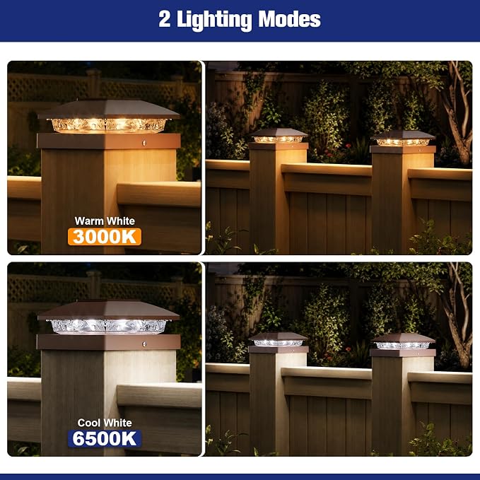 APONUO Solar Post Cap Lights for 4x4 Posts - IP64 Waterproof, 3000/6500K LED, Wireless Fence Lights & Deck Lights for Patios, Gardens, and Yards, Brown-Warm/Cool White, 6-Pack