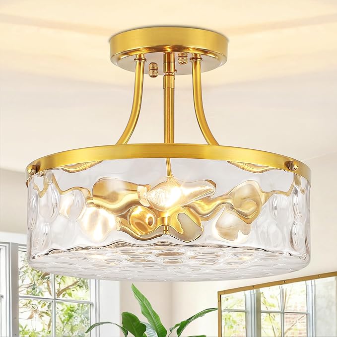 11.81" Modern Gold Semi Flush Mount Ceiling Light Hammered Glass Hallway Light Fixtures Entryway Light Fixture 3-Light Lighting Fixtures for Kitchen Island Dining Room Bedroom Laundry Room Lighting