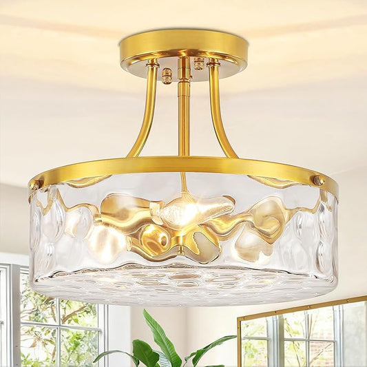 11.81" Modern Gold Semi Flush Mount Ceiling Light Hammered Glass Hallway Light Fixtures Entryway Light Fixture 3-Light Lighting Fixtures for Kitchen Island Dining Room Bedroom Laundry Room Lighting