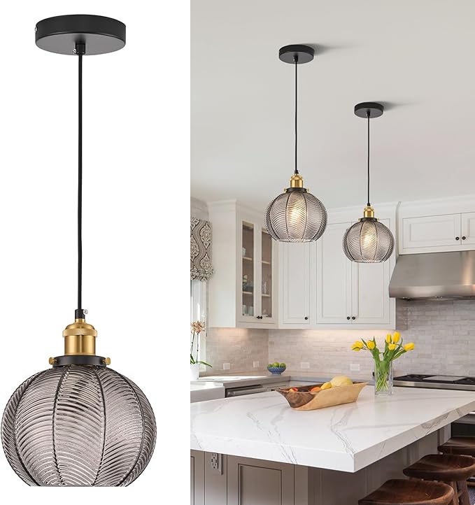 7.8in Vintage Pendant Light 1- Light Kitchen Sink Pendant Lights with Smoke Gray Hand Blown Glass Small Hanging Lamp for Kitchen Island Dining Room Bedroom Bathroom Hallway E26