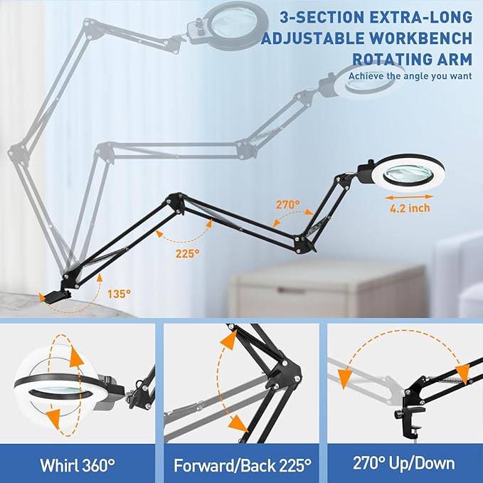 HITTI 12X Extra Long Magnifying Glass with Light, Upgrade Infinite Color and Brightness LED Desk Lamp Clamp, Hands Free 3 Section Magnifier Light Stand for Workbench Craft Reading (12X 35in Clamp)