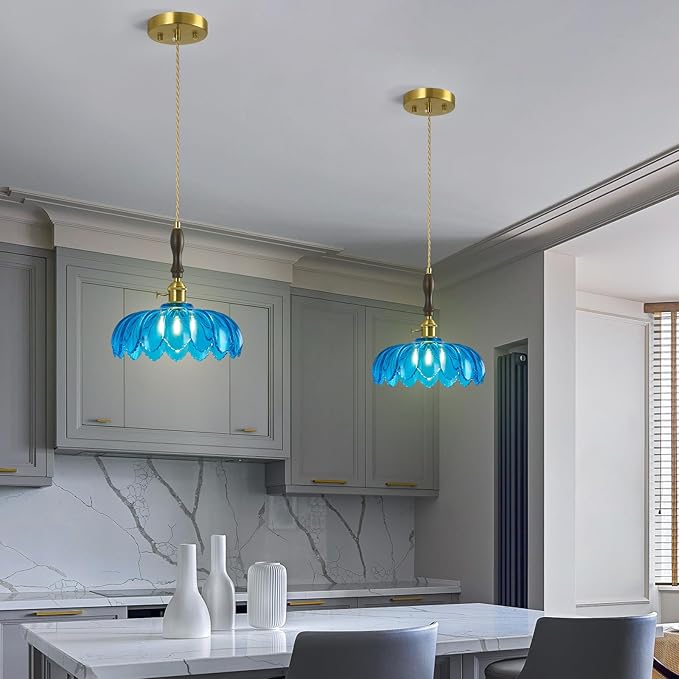 Modern Blue Glass Pendant Light Retro Flower Glass Hanging Lamp Gold Brass Decorative Adjustable Ceiling Hanging Light Suitable for Kitchen Island Bedroom Dining Room Living Room