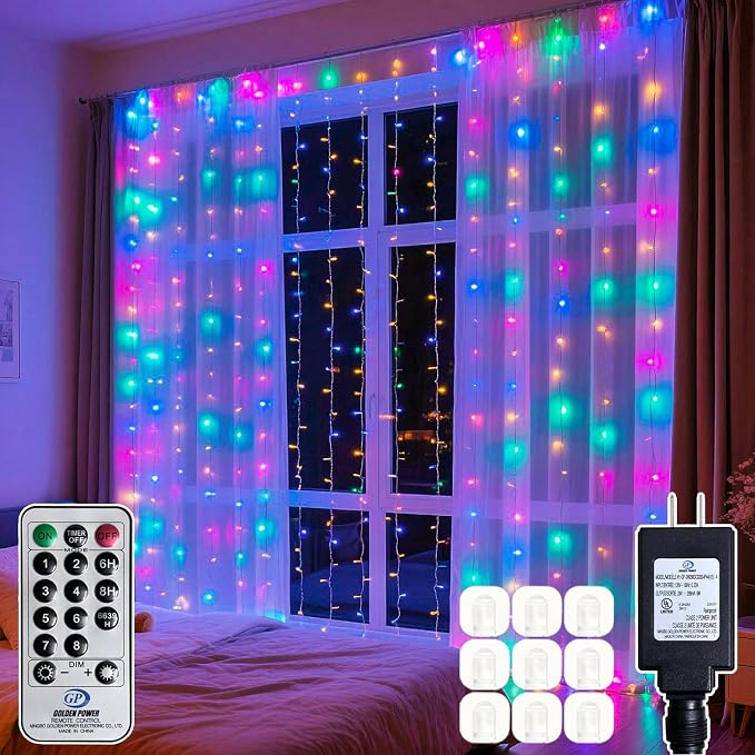 200 LED Multicolor Rainbow Curtain String Lights 9.8x6.6FT, Plug in Fairy Lights with 9 Hooks, Dimmable, Timer 8 Modes, IP44 Waterproof, Bedroom Party Wedding Christmas Indoor Outdoor Decor