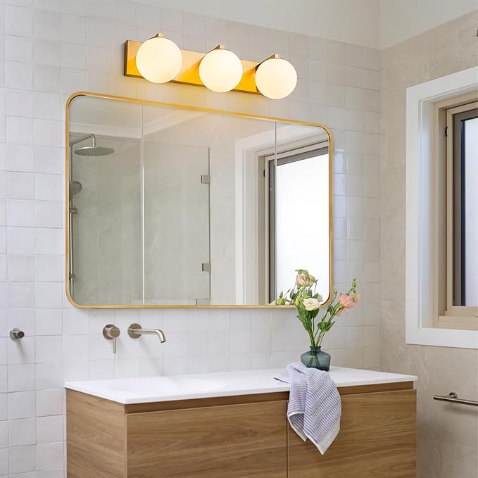 Lingkai Brushed Gold Vanity Light, 3-Light Bathroom Lighting Fixtures Above Mirror with Milky White Glass Globe Shades, Mid-Century Modern Vanity Lighting Fixtures Wall Sconce 22 Inch, E12 Socket