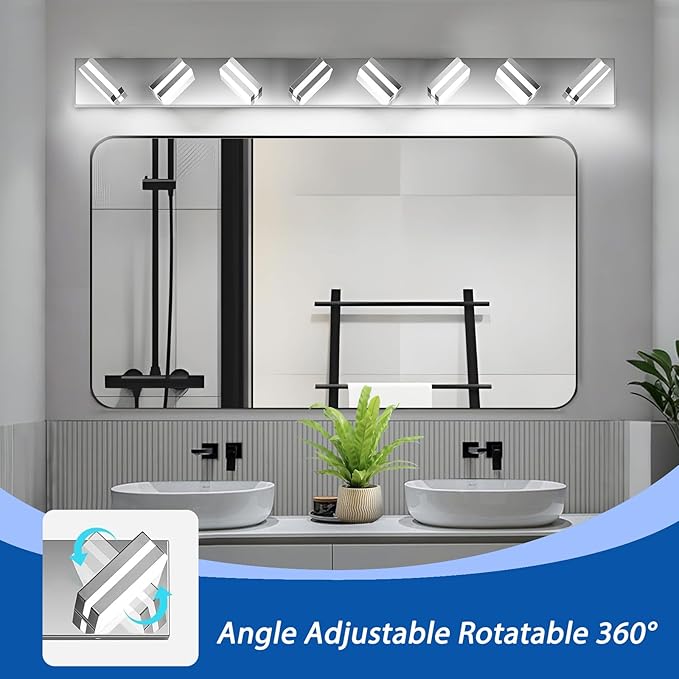 IZORRO LED Modern Bathroom Lights Fixtures(8-Light,Dimmable,360°Rotate),Chrome Acrylic Wall Lighting,Vanity Lights for Bathroom Over Mirror - 6000k 48In （No Assembly Required）