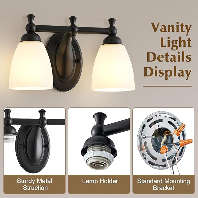 EJIAXIN 2 Lights Bathroom Vanity Light, Black Bath Vanity Light Modern Bathroom Vanity Lights Vintage Style for Living Room Cabinet Bedroom About Mirror