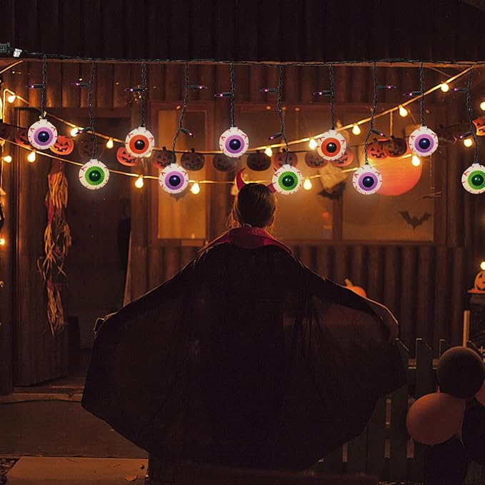 Halloween Eyeball Curtain String Lights Plug in, 7FT Outdoor Halloween Decorations Lights with 10 LED Spooky Eyeball Lights & 15 Mini Purple Bulbs for Window Wall Party Haunted House Patio Decor