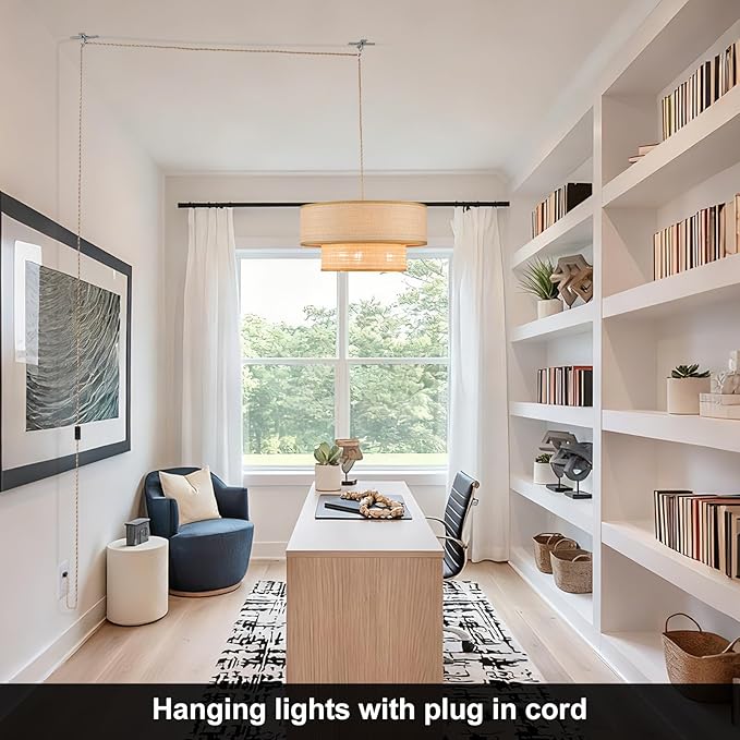 Plug in Pendant Light Rattan Hanging Lights with Plug in Cord 15FT Hemp Rope Cord, 18in Boho Plug in Chandelier for Dining Room, Living Room, Kitchen, Bedroom（Bulb Included）