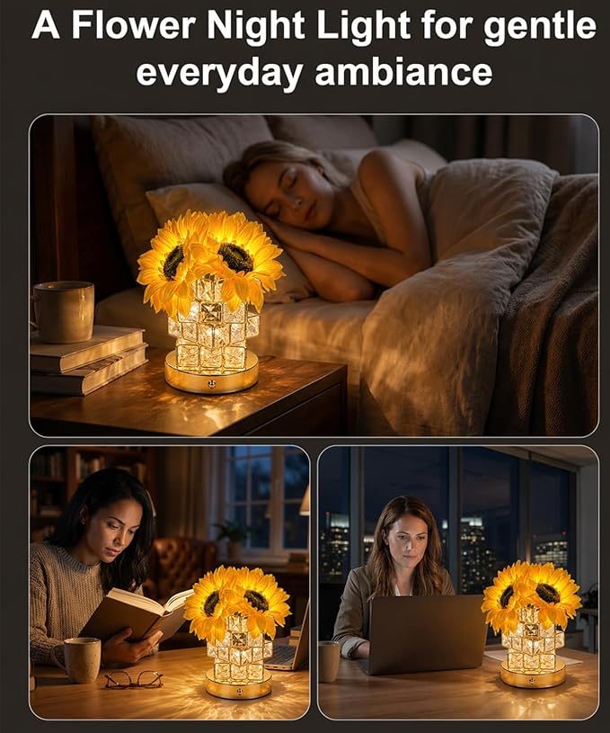 Fussion Sunflower Lamp, Mothers Day Gifts for Women, Rechargeable Flowers Night Light, Cordless Decorative Table Lamp with 3 Color Temperatures, Birthday Gifts for Grandma Girlfriend, Bedroom Decor