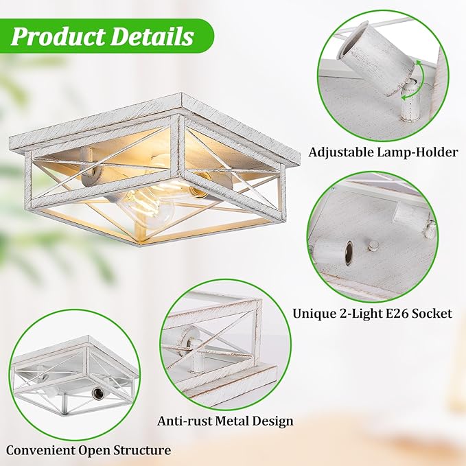White Hallway Light Fixtures for Ceiling, 2-Light Farmhouse Industrial Flush Mount Ceiling Lights, 2-Pack Metal Kitchen Light Fixtures, Square Close to Ceiling Lights for Bedroom Living Room Entryway