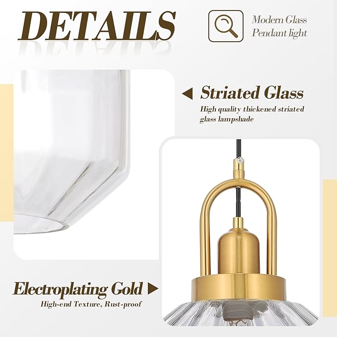 9in Mid Century Modern Clear Glass Pendant Light Fixture, Small Gold Kitchen Island Pendants Light Glass Ceiling Hanging Lamp for Foyer Dining Room Bedroom Entryway Hallway Over Sink