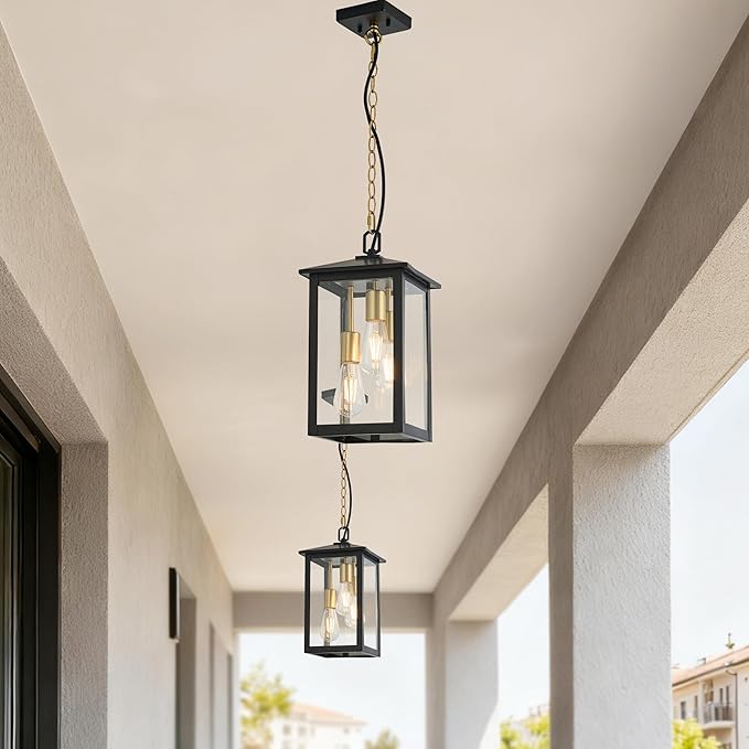 Large Outdoor Light Fixture,Pendant Light with Clear Glass Shade,3-Light Black&Gold Exterior Hanging Lantern for Front Porch Entrance Foyer Entryway (Bulb Not Included)