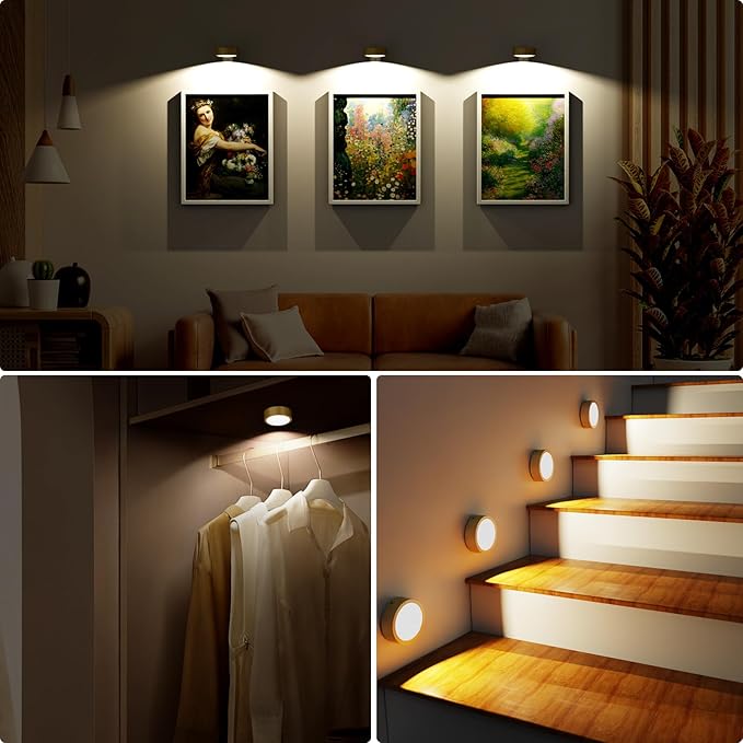Narotood 6 Pack Picture Lights for Wall, Rechargeable Battery Operated Wall Lights, Picture Frame Lights with 3 Lighting Modes, Wireless Magnetic Painting Light with Remote Control Timer, (Golden)