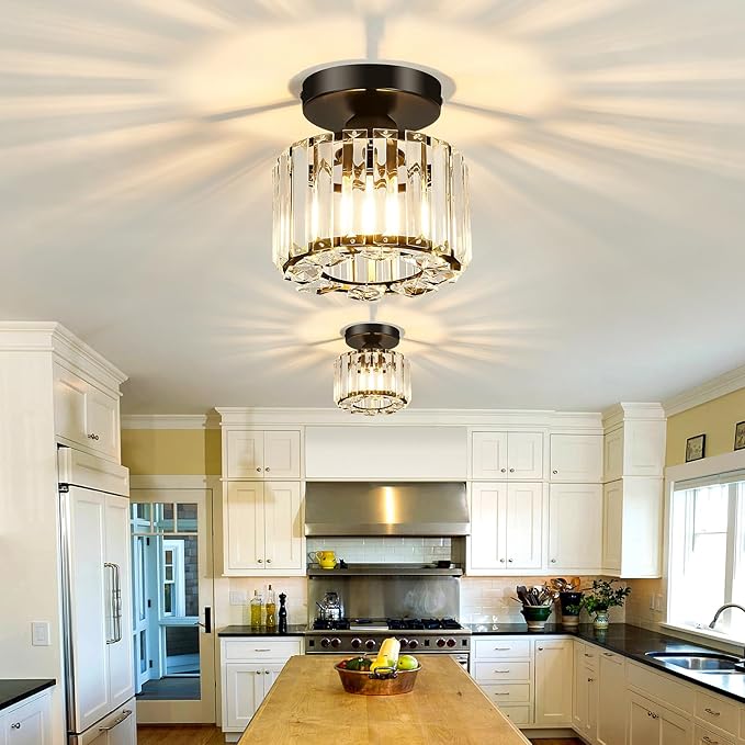2 Pack Small Crystal Semi Flush Mount Ceiling Light Fixture Modern Black Mini Round Chandelier Metal E26 Ceiling Lamp for Hallway Bathroom Entryway Kitchen Closet
