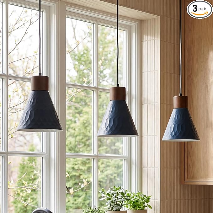 Farmhouse Pendant Lights for Kitchen Island, Modern Blue and Wood Dome Pendant Light Fixtures, Industrial Hanging Pendant Lighting for Dining Room Foyer Cafe Kitchen Sink, 3 Pack