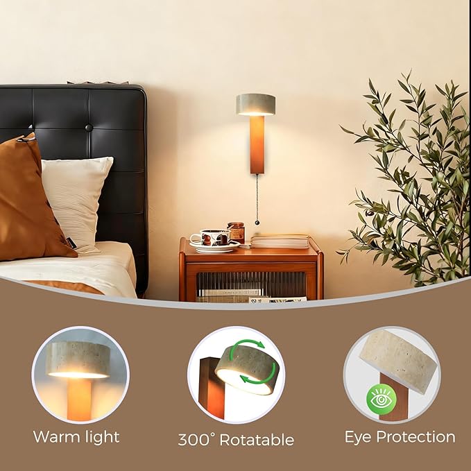 LED Wood Wall Sconce with Pull Chain Switch, Black Walnut Base with Rotatable Yellow Travertine Stone Lampshade, Built-in LED Light, Modern Rustic Bedside Wall Light for Bedroom, Living Room, Hallway