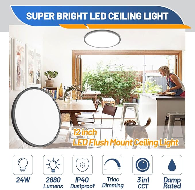 Allsmartlife Led Flush Mount Ceiling Light, 6 Pack 24W 12inch Round Led Surface Mount Light, Close to Ceiling Light Fixtures for Bedroom, Bathroom, Laundry Room, Kitchen