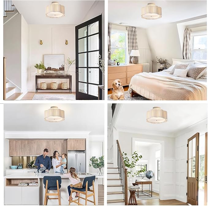 13.4" Rattan Flush Mount Ceiling Light Fixtures,3-Light Boho Nursery Light Fixtures Ceiling Mount for Bedroom,Mini Rattan Chandelier,White Small Chandelier Lighting for Dining Room Hallway