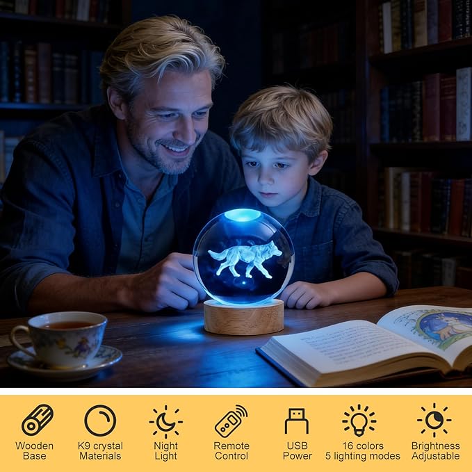 Wolf Night Light, 3D Crystal Ball Lamp with 16 LED Color Changing & Remote, 3.15 Inch Unique Desk Decor, Gift for Men/Kids, Birthday Christmas Home Room Decoration, Wolf Lamp
