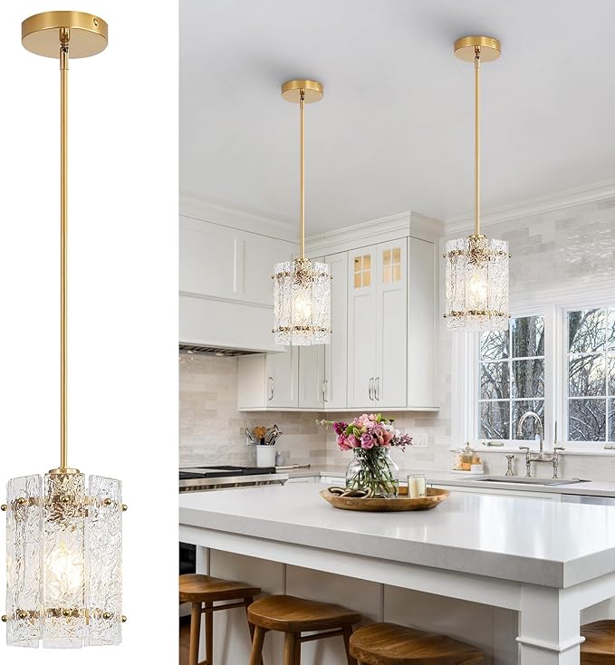 Gold Glass Pendant Lights Kitchen Island, Water Ripple Round Pendant Lights Adjustable Modern Hanging Pendant Light Fixtures for Kitchen Island Dining Room Above Sink Foyer Entryway 1 Pack