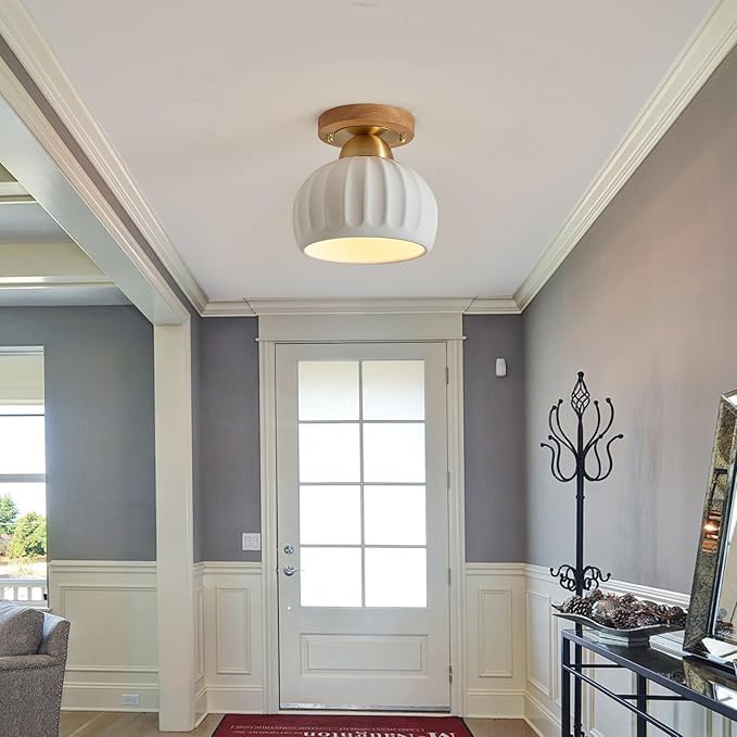 2 Pack Ceramic Wood Brass Semi Flush Mount Ceiling Light Vintage Hallway Light Fixtures, Modern Small Ceiling Mount Light Lamp for Hall Kitchen Entryway Passway Porch Foyer