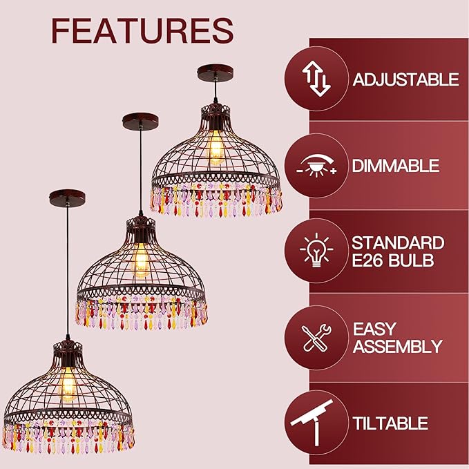 16-inch Wrought Iron Tiffany-Style Chandelier, Industrial Retro Wine-red Wrought Iron Lighting Fixture, Suitable for Kitchen Island, Game Room, Dining Room, bar Counter