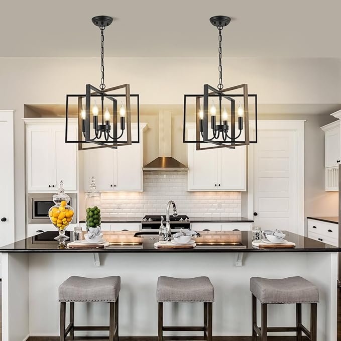 Farmhouse Chandelier Black Rustic Pendant Light Fixture, Adjustable Metal Flush Mount Ceiling Light for Kitchen Island, Dining Room, Living Room, Bedroom, Foyer